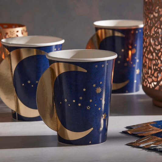 Navy & Gold Pop Out Moon Eid Paper Cups - Pack of 8