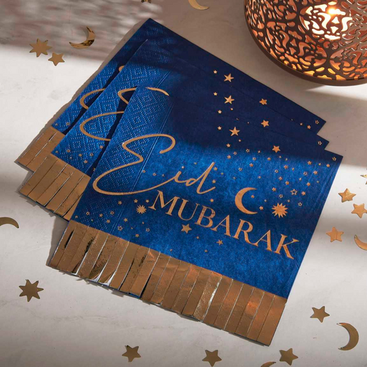 Navy & Gold Eid Mubarak Fringe Napkin - Pack of 16